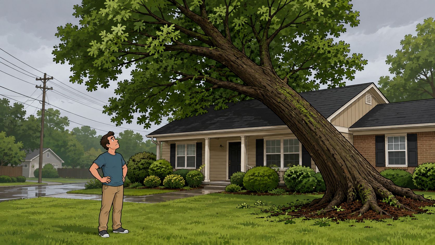 A man standing in his front yard looking up at a large tree leaning over his house.