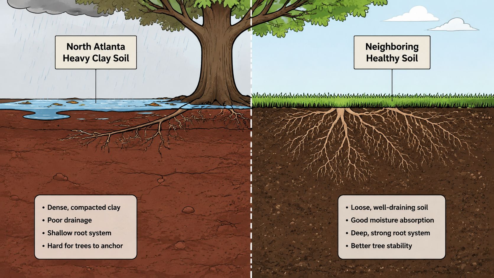 A split illustration comparing tree root development in dense Atlanta clay soil versus loose, healthy soil conditions.