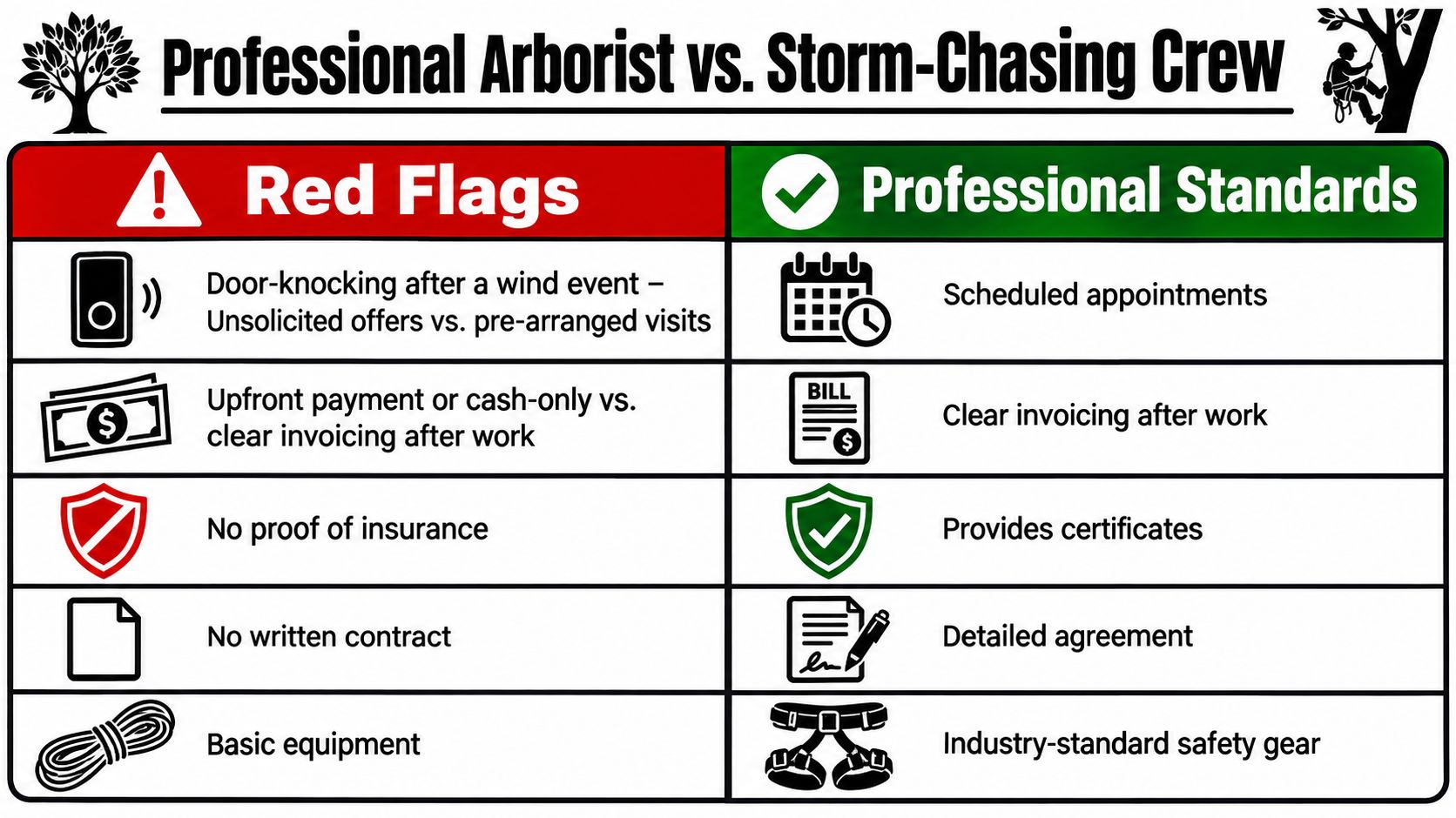 A comparison chart showing red flags of storm-chasing crews versus professional arborist standards.