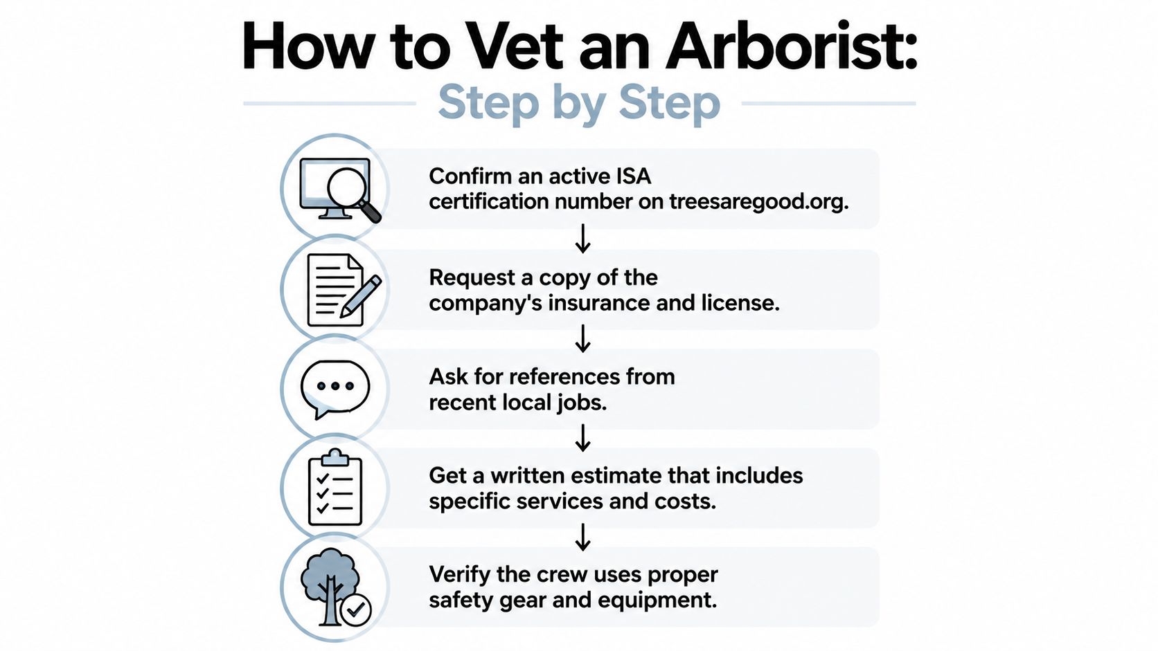 An infographic showing five steps to properly vet and hire a qualified professional arborist.