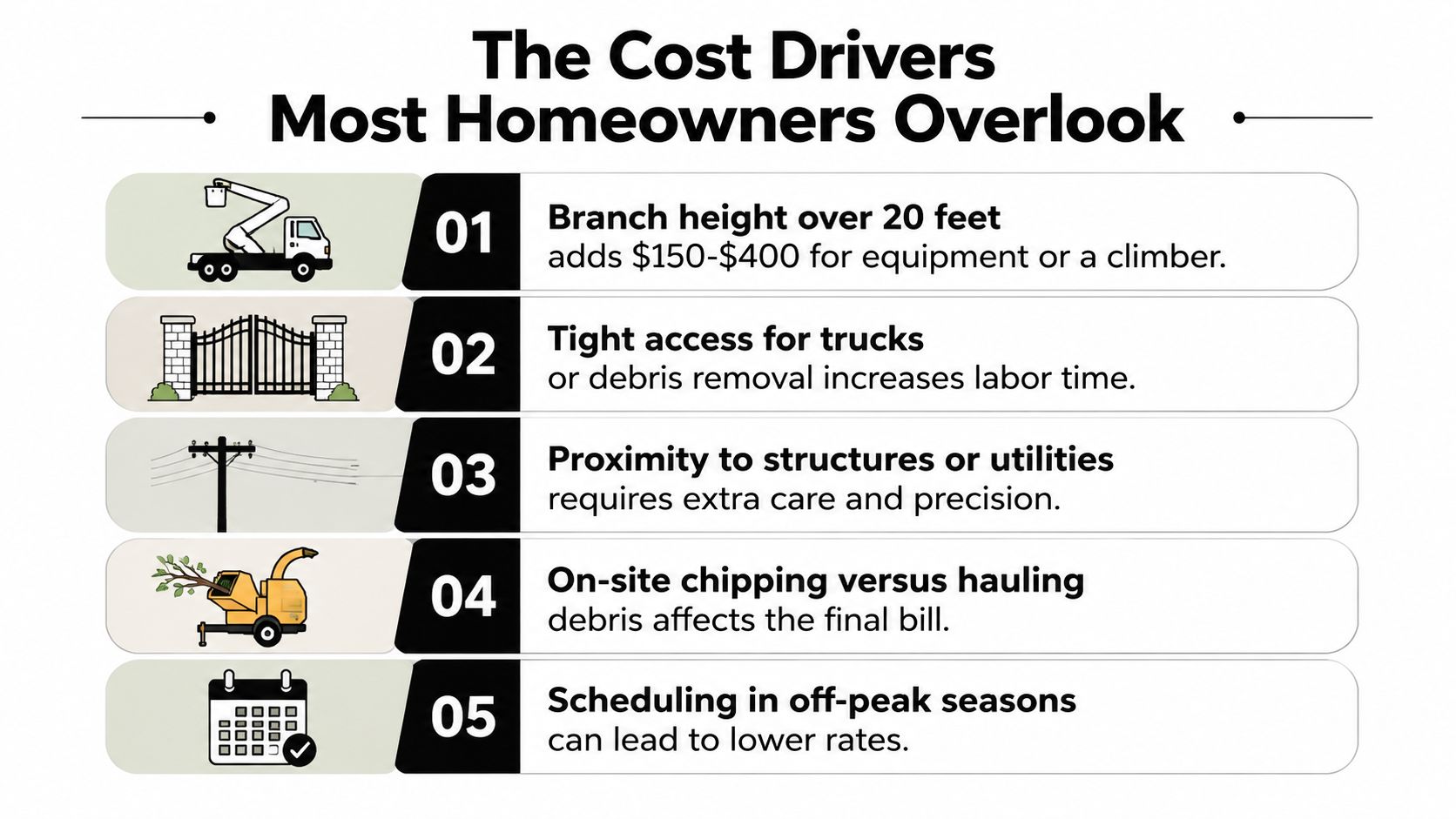 An infographic titled The Cost Drivers Most Homeowners Overlook, listing five factors affecting tree removal pricing.