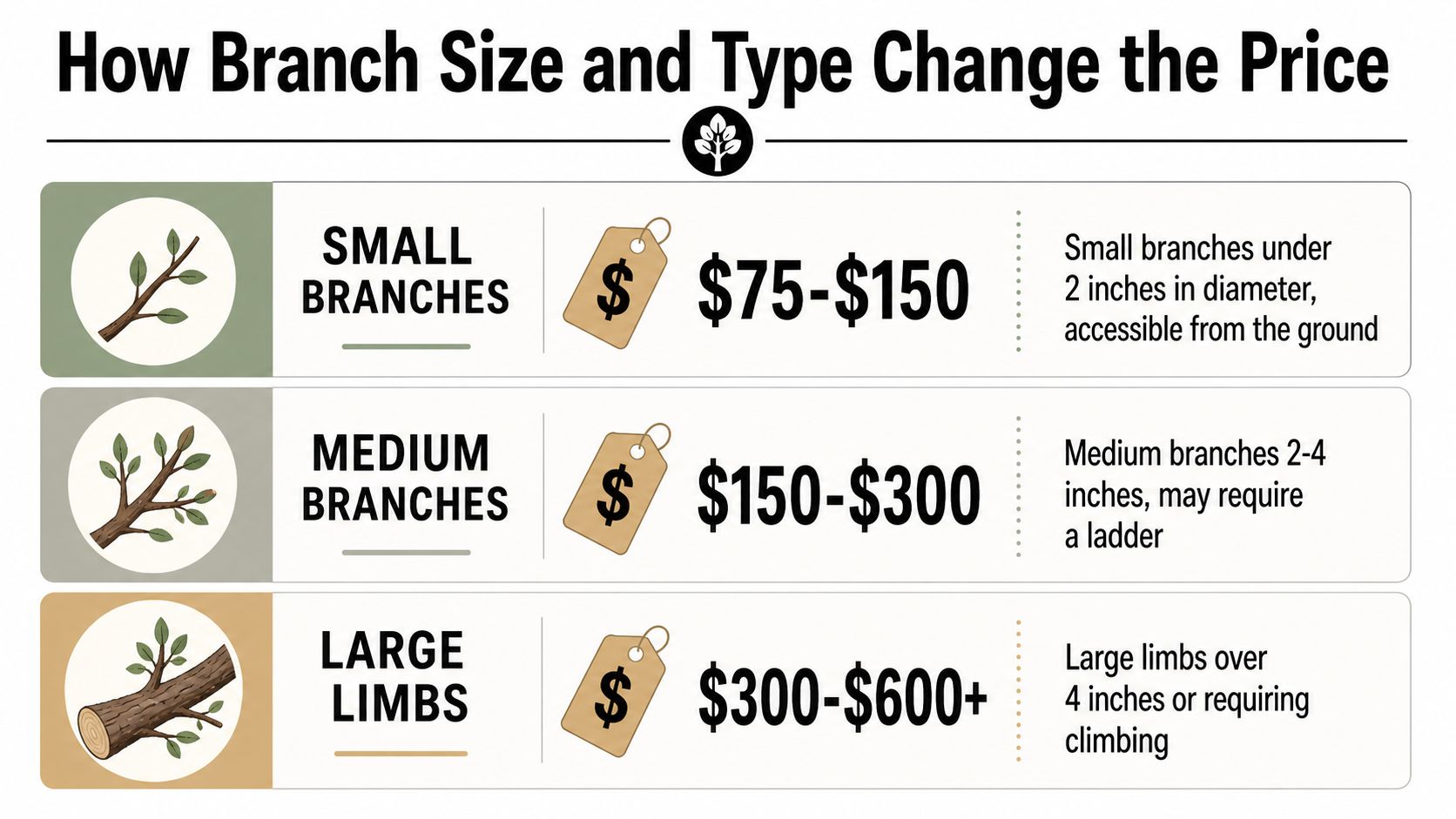 A chart showing the price ranges for tree branch removal based on size and accessibility difficulty.