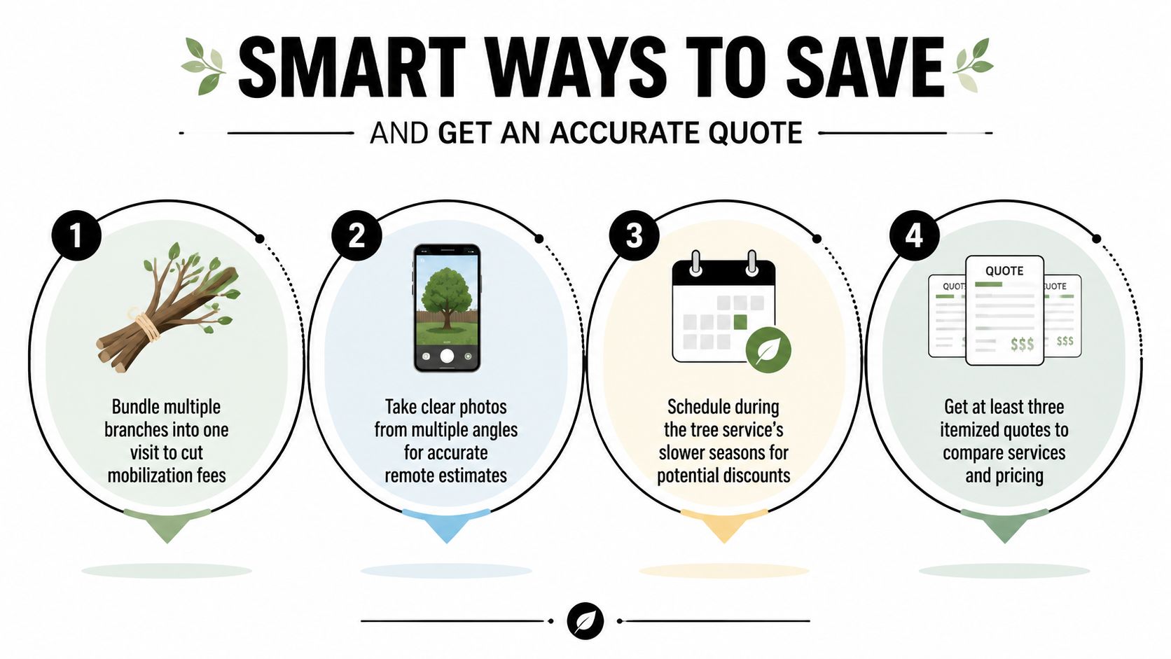 An infographic showing four smart ways to save money and get accurate quotes for tree services.