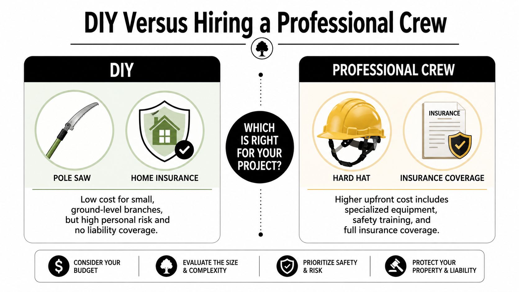 A comparison chart showing the differences between DIY tree branch removal and hiring professional arborists.