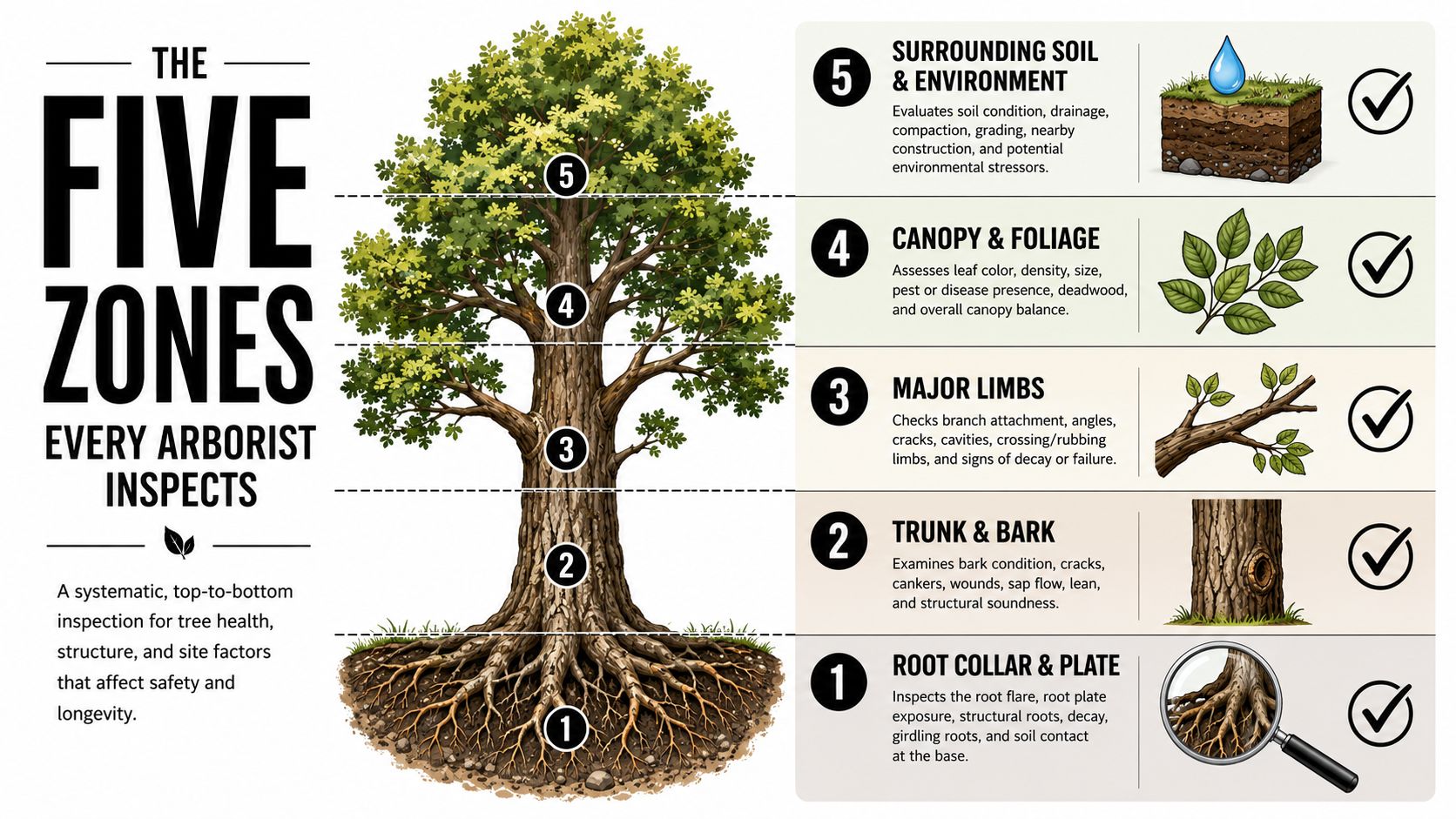 An infographic showing the five distinct zones an arborist inspects to evaluate tree health and safety.