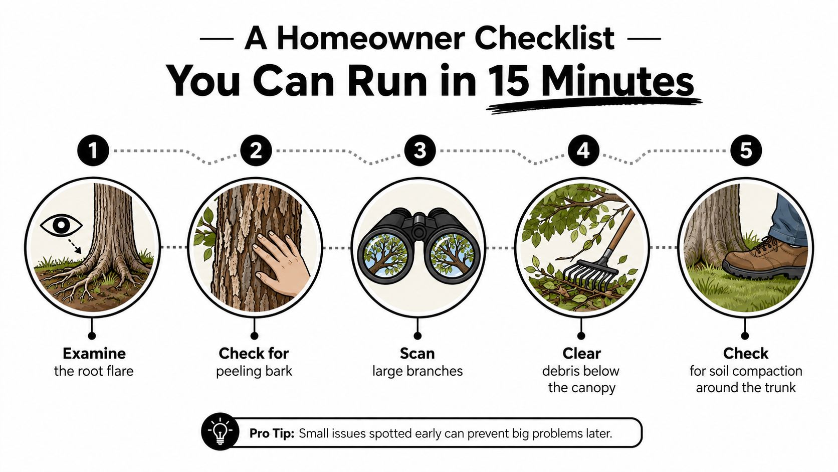 A five-step checklist illustrated for homeowners to perform a quick tree health assessment in fifteen minutes.