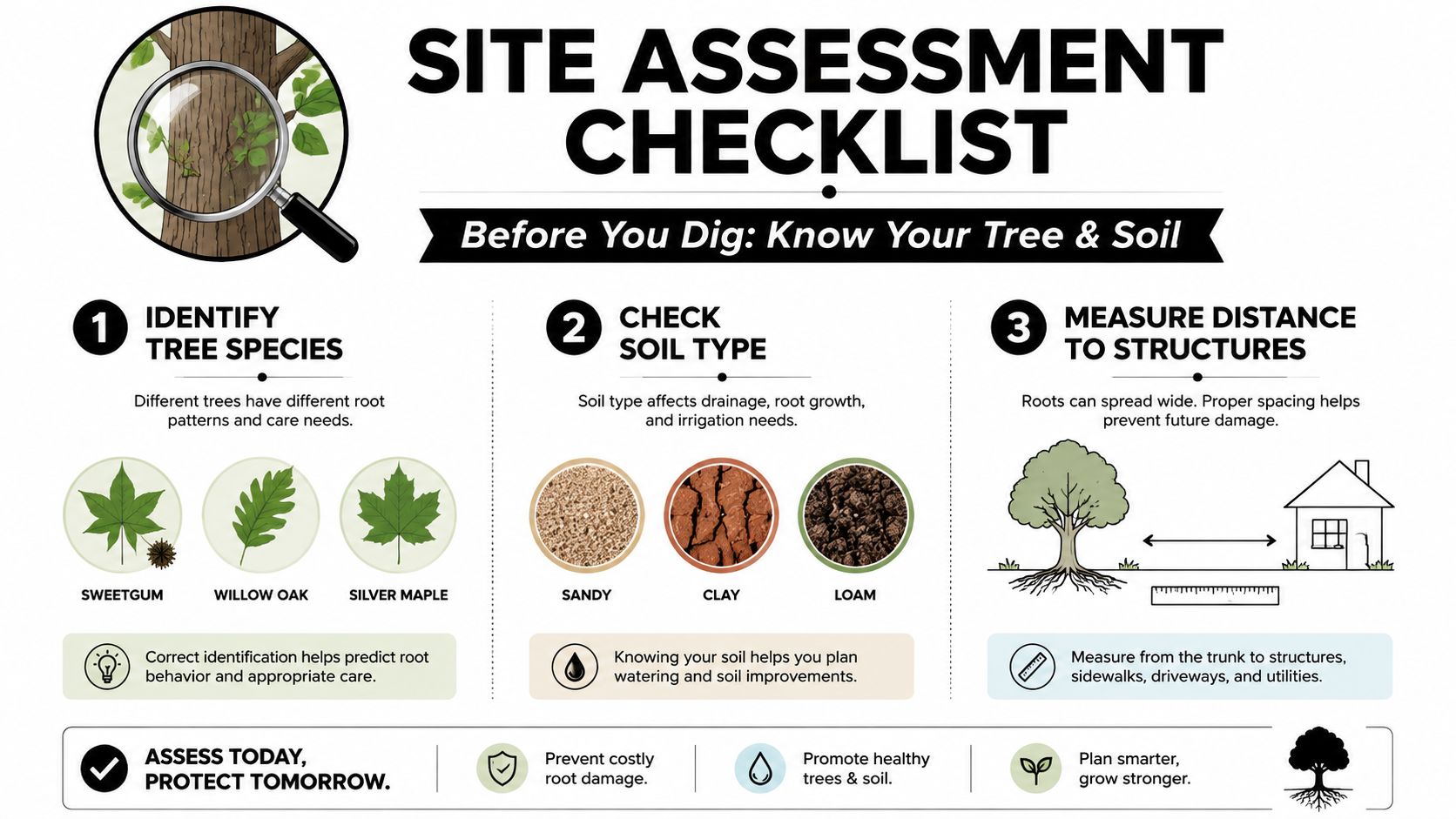 A site assessment checklist infographic providing steps for identifying trees, checking soil types, and measuring root distance.